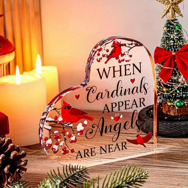 Red Cardinal Memorial Gifts – Crystal Acrylic Heart. Xmas Centerpiece, Sympathy for Loss.