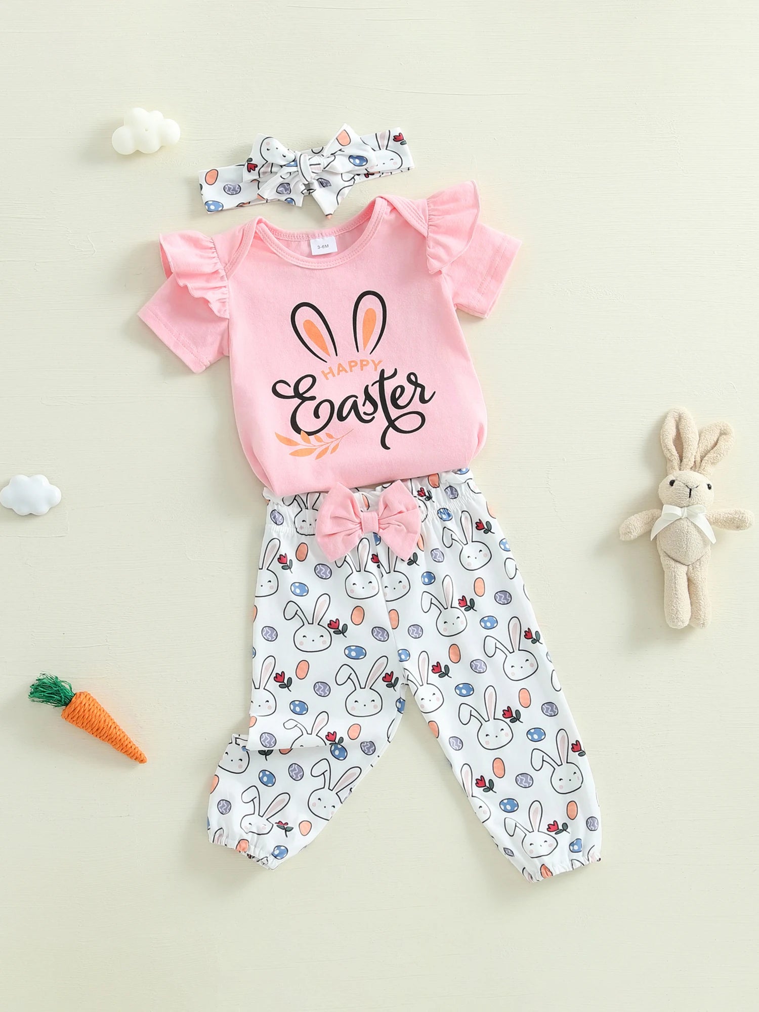 Adorable Baby Girl Easter Outfit Set with Letter Print Romper Bunny Print Pants and Matching Headband - 3 Piece Ensemble