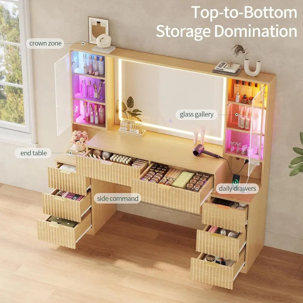 Large 59 Fluted Wood Vanity Desk with LED Mirror & Sound Sync Lights, 8 Drawers, 2 Glass Cabinets, Charging Station, Oak