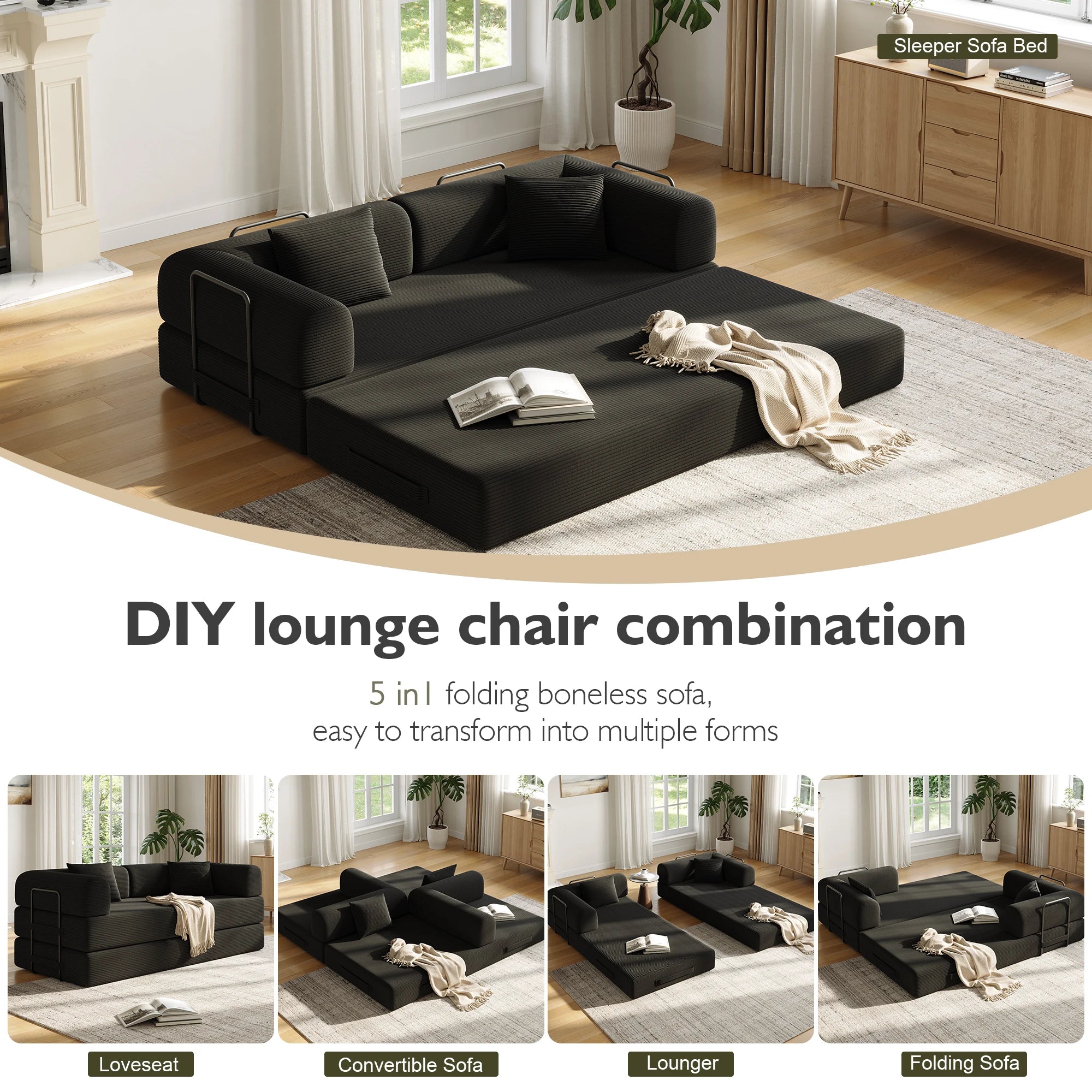 Convertible Floor Sofa Bed with Fixed-Shape Frame,  5-in-1 DIY Combination Modular Sofa,  for Living Room Bedroom Playroom