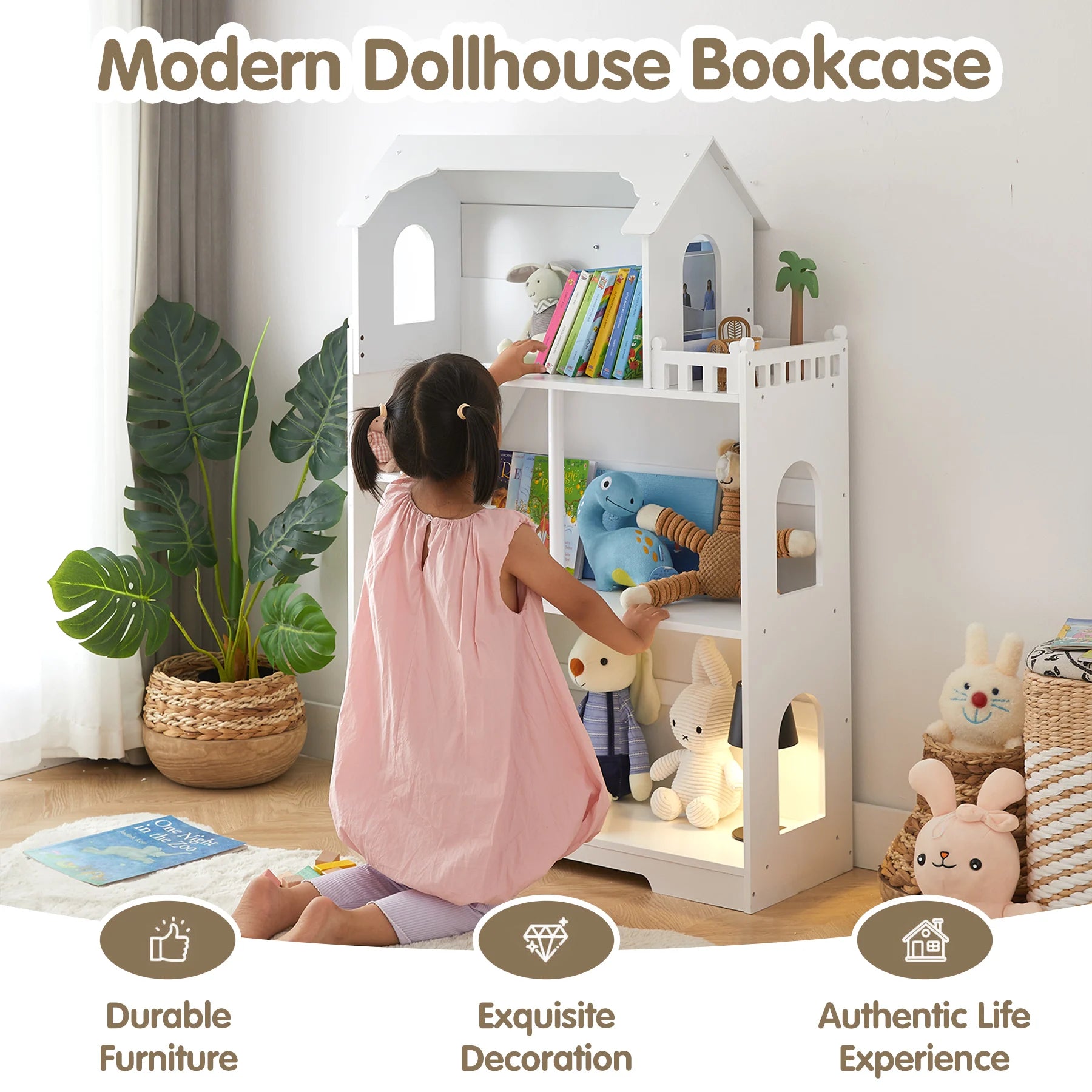 Wooden Dollhouse Bookshelf 3-Tier Doll House Bookcase Kids Books Toys Dolls Storage Organizer Shelves for Children's Bedroom