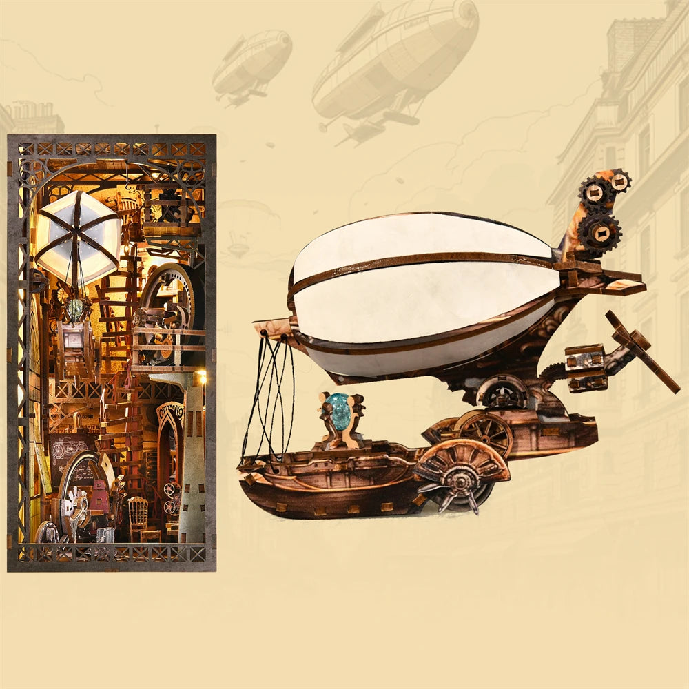 Book Nook Kit Maker's Workshop DIY Wooden Puzzle Balloon Studio Ship Bookshelf Dollhouse Model Bookend Building Home Deco