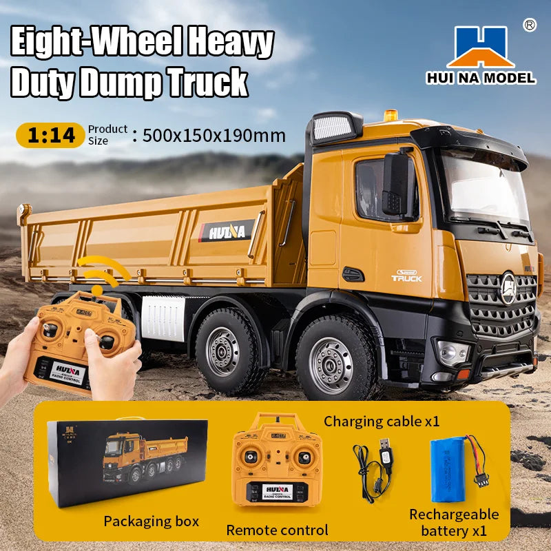 HUINA 1536 RC Dump Truck 1:14 8WD Large Alloy Remote Control Engineering Eight Wheel Heavy-Duty Dump Truck Model Boys Gifts