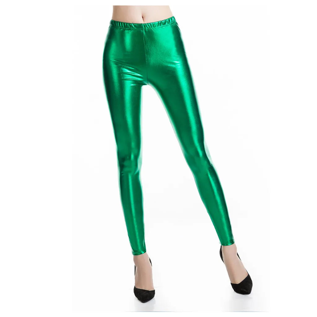 Womens Metallic Color PU Leggings Faux Leather Slim Fit Ladies Legging Dancing Party Pants Sexy Night Club Skinny Tight Trousers