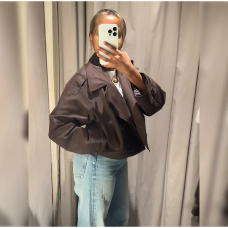 Solid Double-breasted Short Windbreaker Women Fashion Lapel Long Sleeve Slim Thin Jackets 2025 Autumn Female High Street Outwear