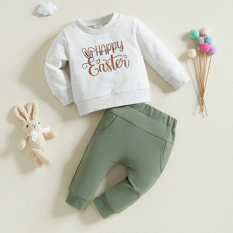 Adorable Infant Easter Clothing Set with Cute Bunny Print Long Sleeve Top and Matching Pants for Baby Boys and Girls