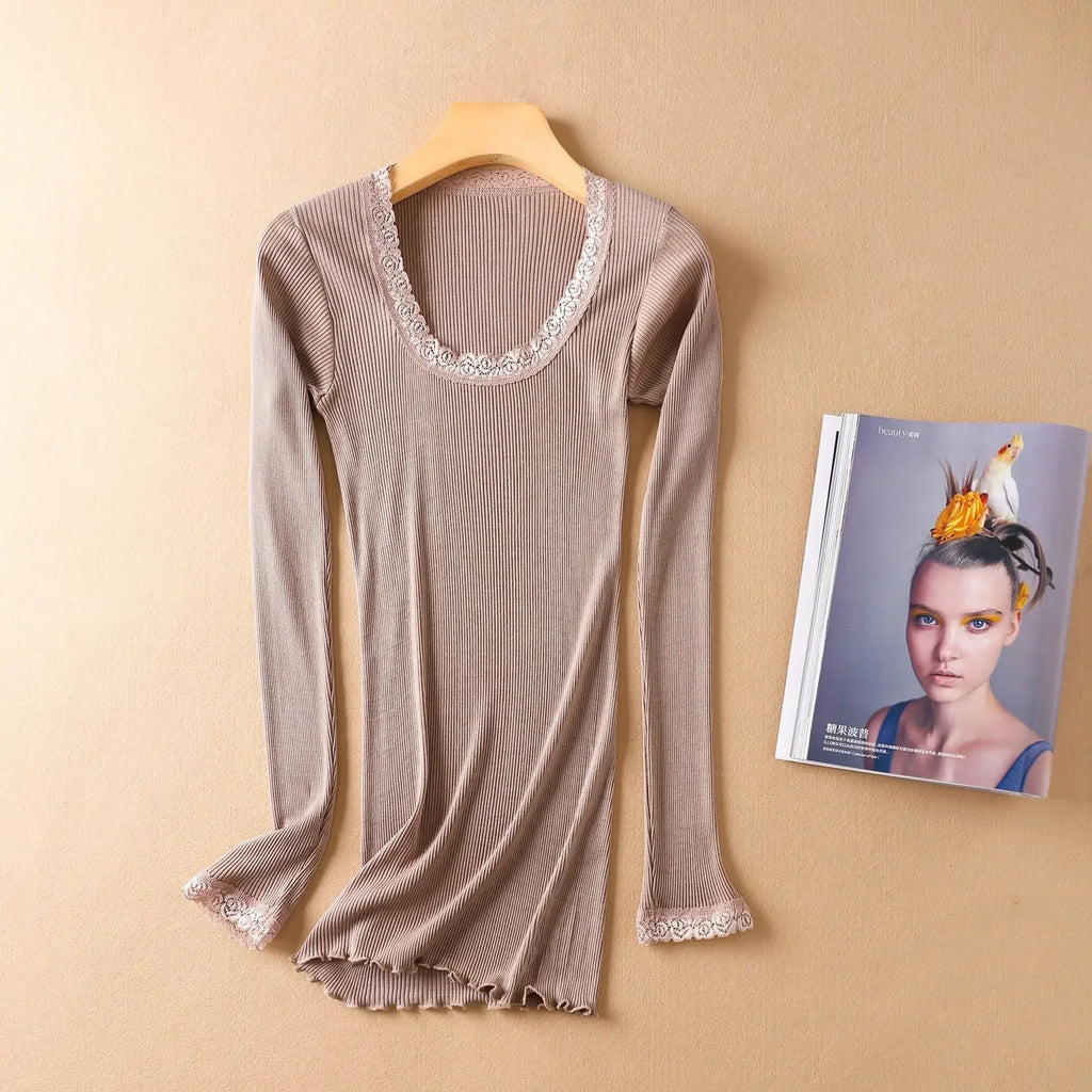 Autumn and Winter Mulberry Silk Women's Warm Underwear Round Neck Silk Lace Edge Long Sleeve Bottom Shirt Slim Fit