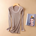 Autumn and Winter Mulberry Silk Women's Warm Underwear Round Neck Silk Lace Edge Long Sleeve Bottom Shirt Slim Fit