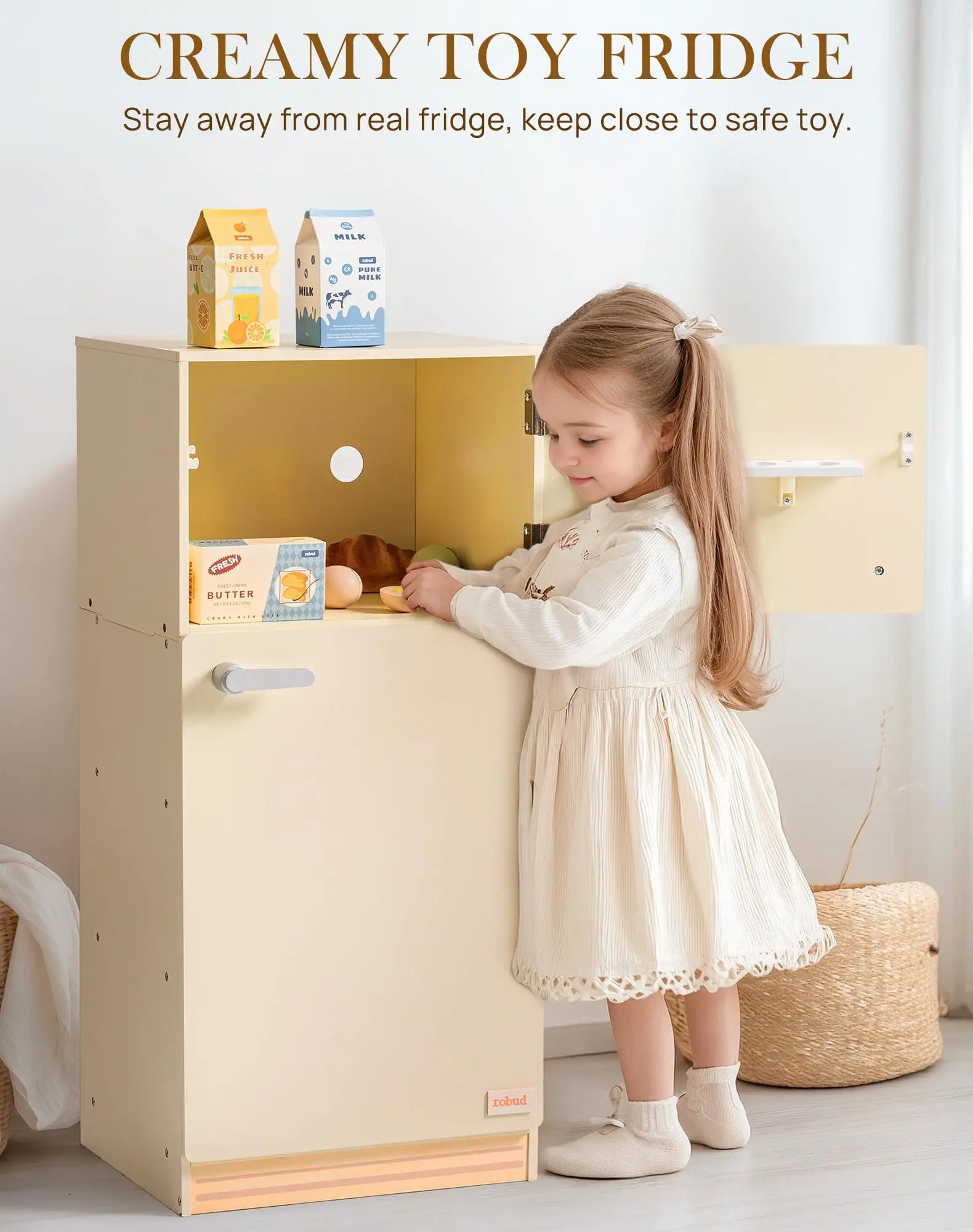 ROBOTIME ROBUD Play Kitchen Wooden Pretend Play Refrigerator Accessories Set for Boys Girls Children Ages 3+