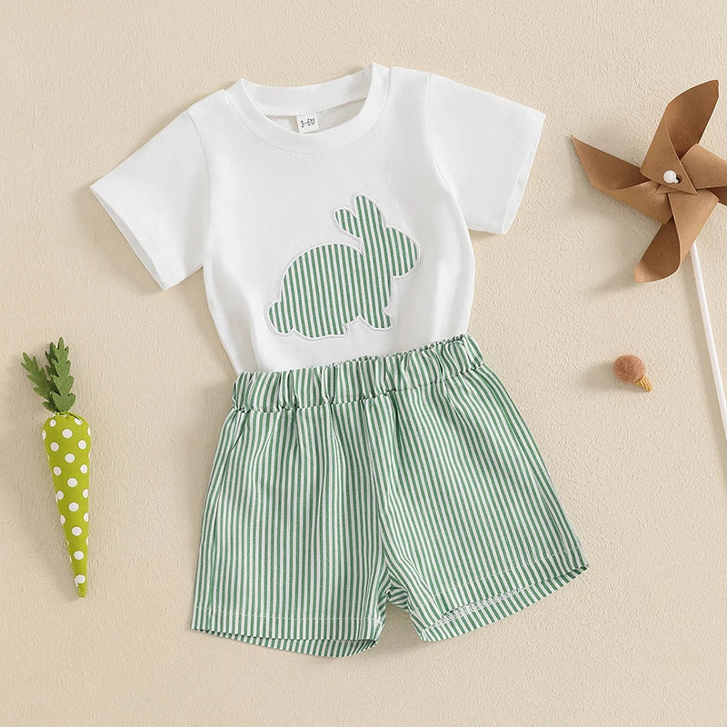 Toddler Boy Easter Bunny Carrot Print Short Sleeve T-shirt and Plaid Shorts Set for Spring Holiday Outfit
