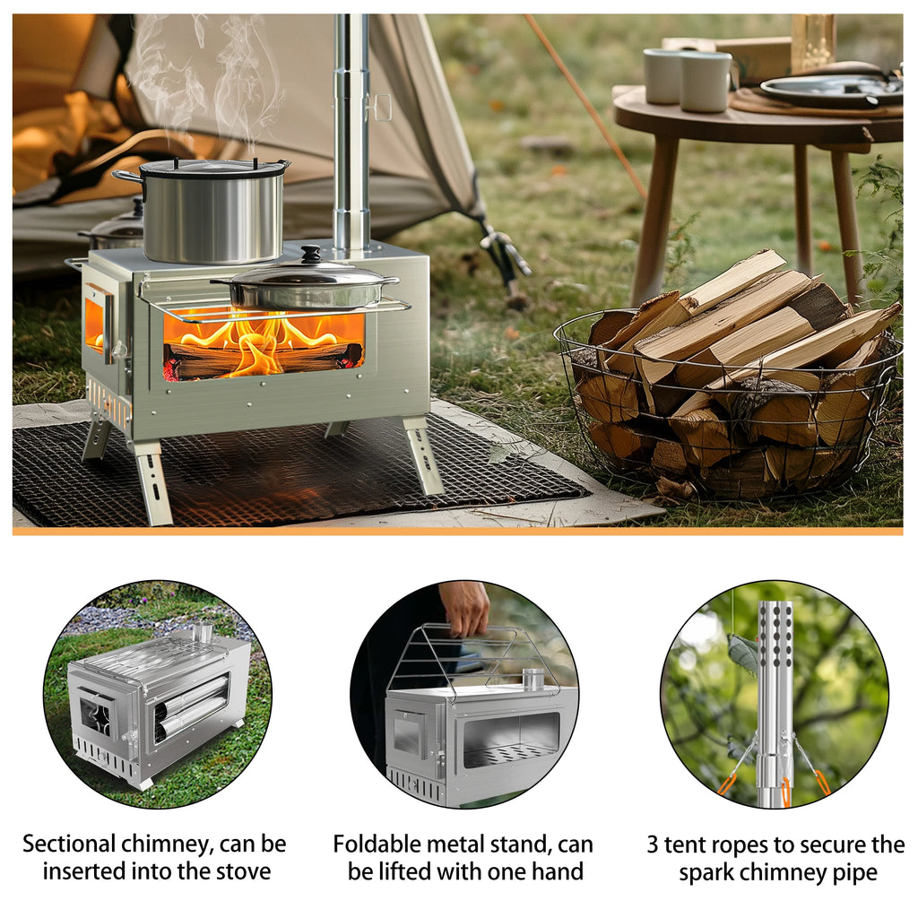 Wisfor Portable Hot Tent Stove,Wood Burning Stove for Camping, Tent Stove With View Glass, Large Stainless Steel Camping Stove