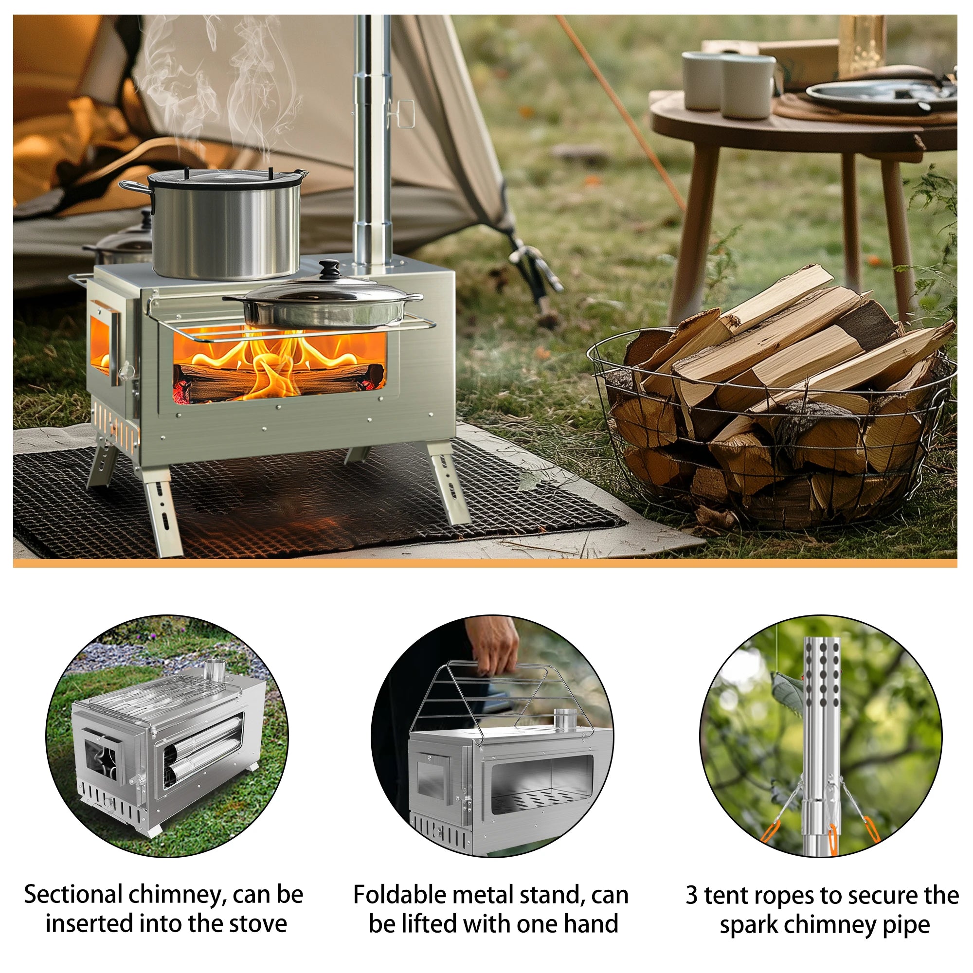Wisfor Portable Hot Tent Stove,Wood Burning Stove for Camping, Tent Stove With View Glass, Large Stainless Steel Camping Stove