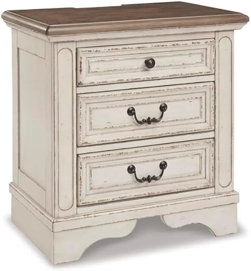 Realyn French Country 3 Drawer Nightstand with Electrical Outlets & USB Ports, 27.75" Tall, Chipped White 2025 NEW