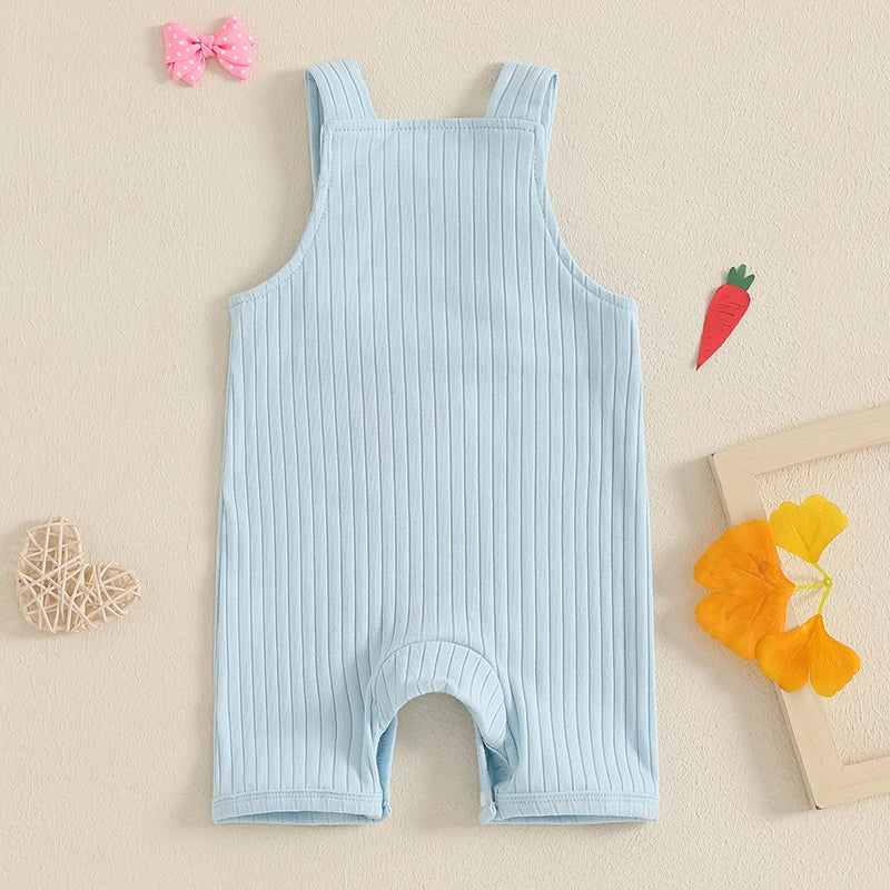 Easter Bunny Embroidered Sleeveless Romper Jumpsuit Square Neck Bodysuit for Infant Boys and Girls Cute Holiday Outfit