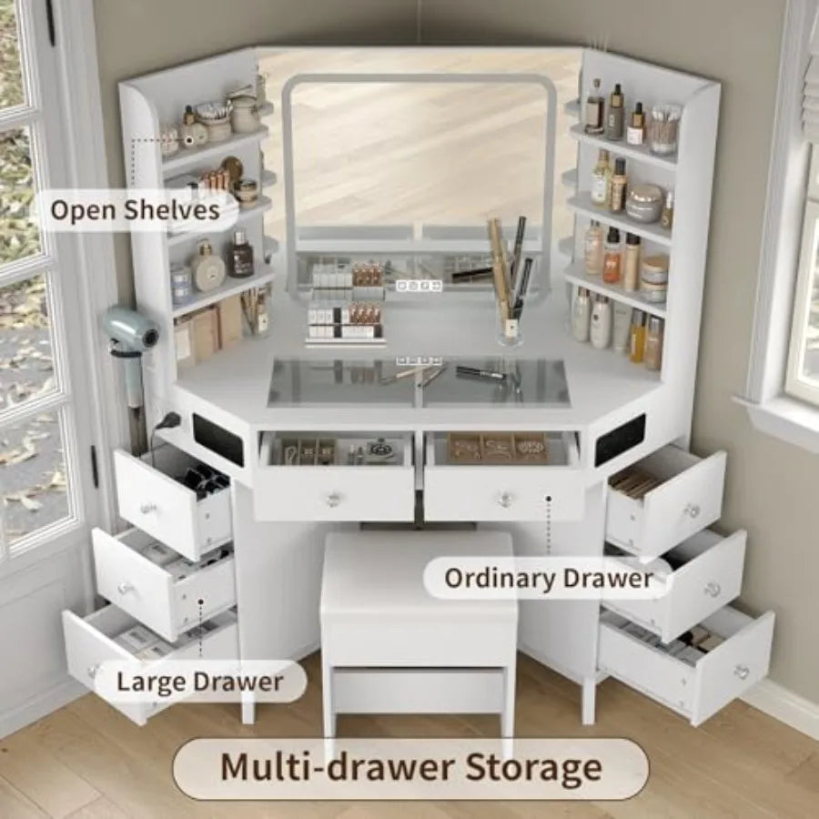 Corner Vanity Desk with Speaker 8 Drawers and 6 Shelves Modern Vanity with Mirror and Lights Makeup Vanity with Glass Top 3 Col