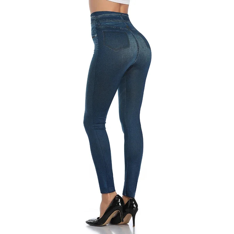 Push Up Seamless High Waist Faux Denim Leggings Women Casual Elastic Pocket Jeans Print Pants Skinny Pencil Leggins Mujer