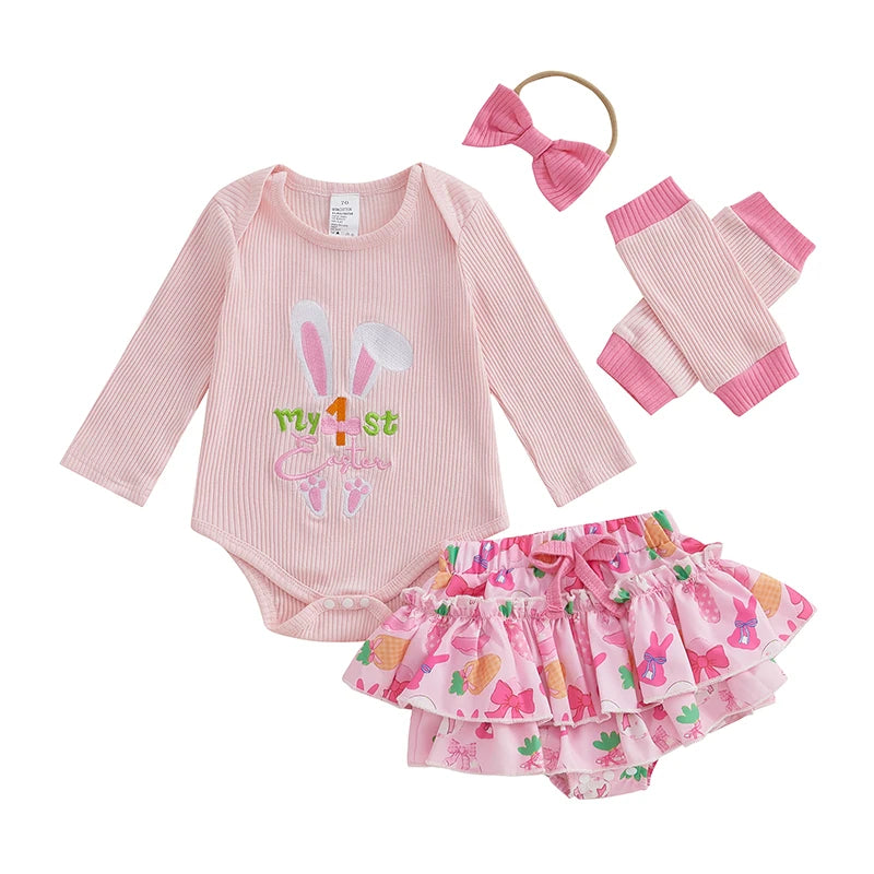 Toddler Easter Dress Bunny Print Short Sleeve Romper Tutu Skirt Headband Leggings Set for Baby Girls 0-24 Months