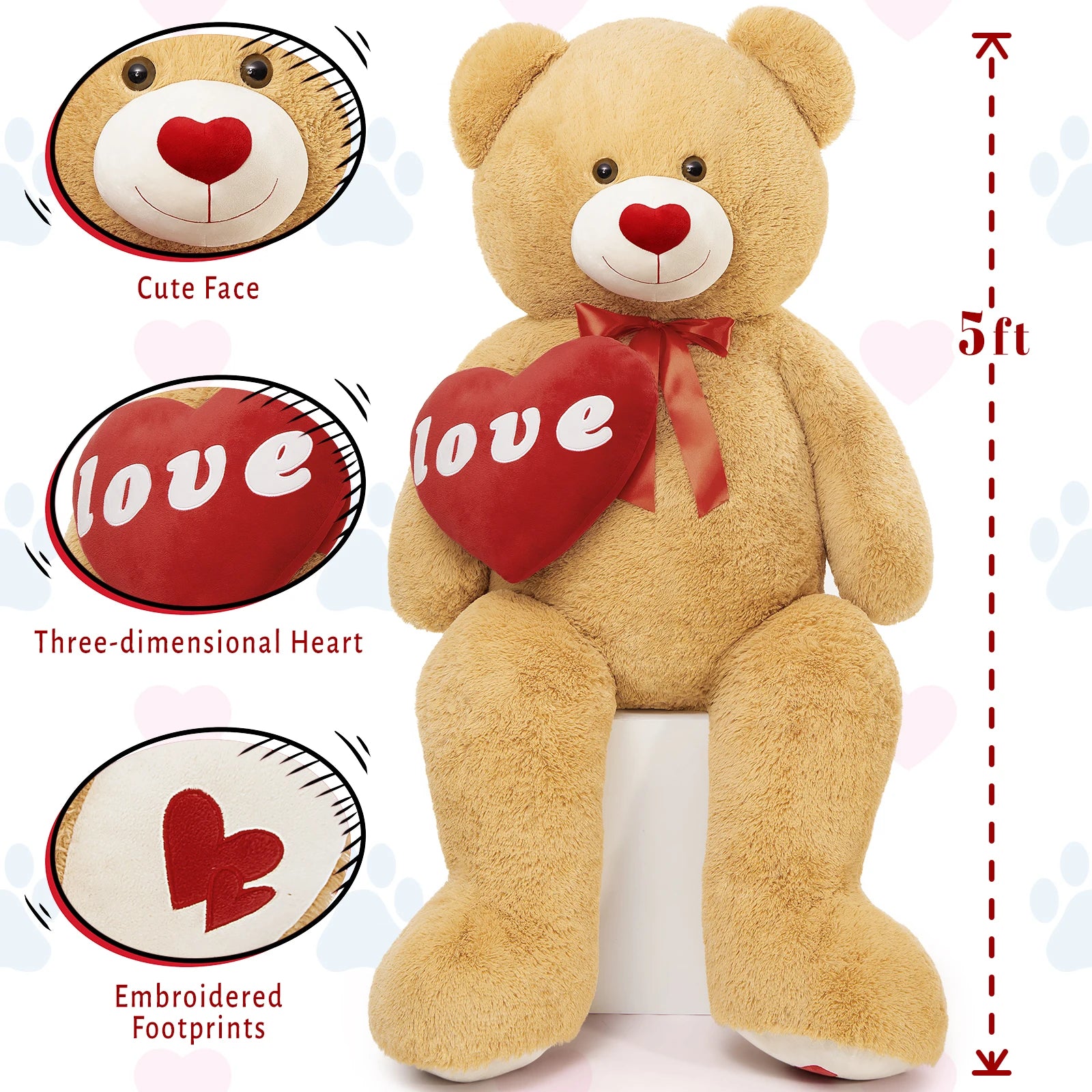 MorisMos 5 Ft Giant Teddy Bear, I Love You Huge Bear Plush for Girlfriend, Jumbo Love Heart 5 Feet Stuffed Animal Gifts for Boy