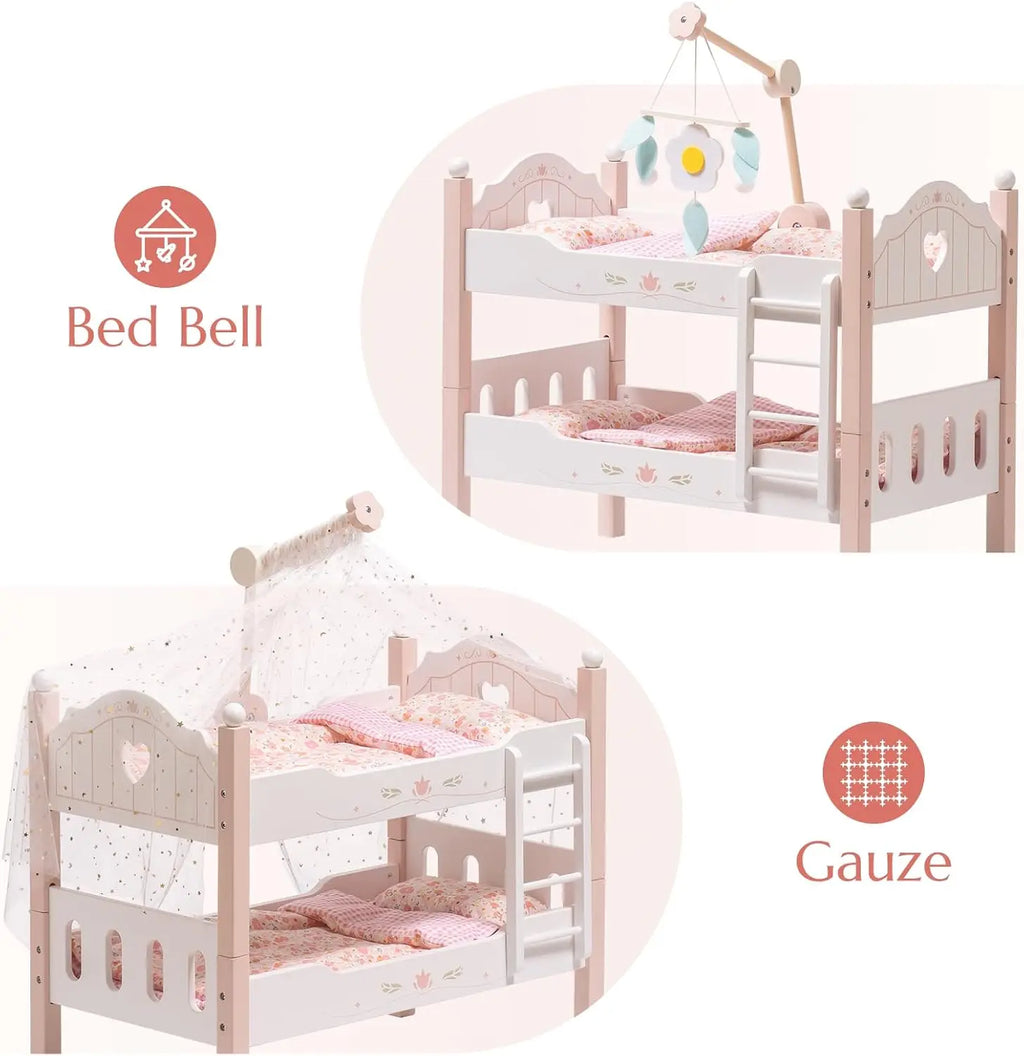 Robotime Robud Baby Doll Bunk Beds for 18 inch Dolls American Girl Doll Furniture Toy with Bedding Pink Wood 2pcs Beds