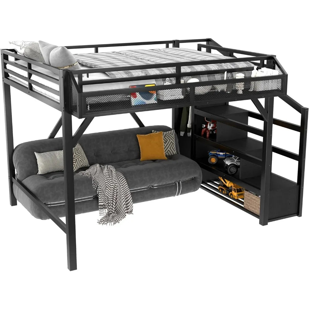 Queen Loft Bed with Storage Stairs, USB Ports & LED Lights - Black Woodgrain Metal Frame