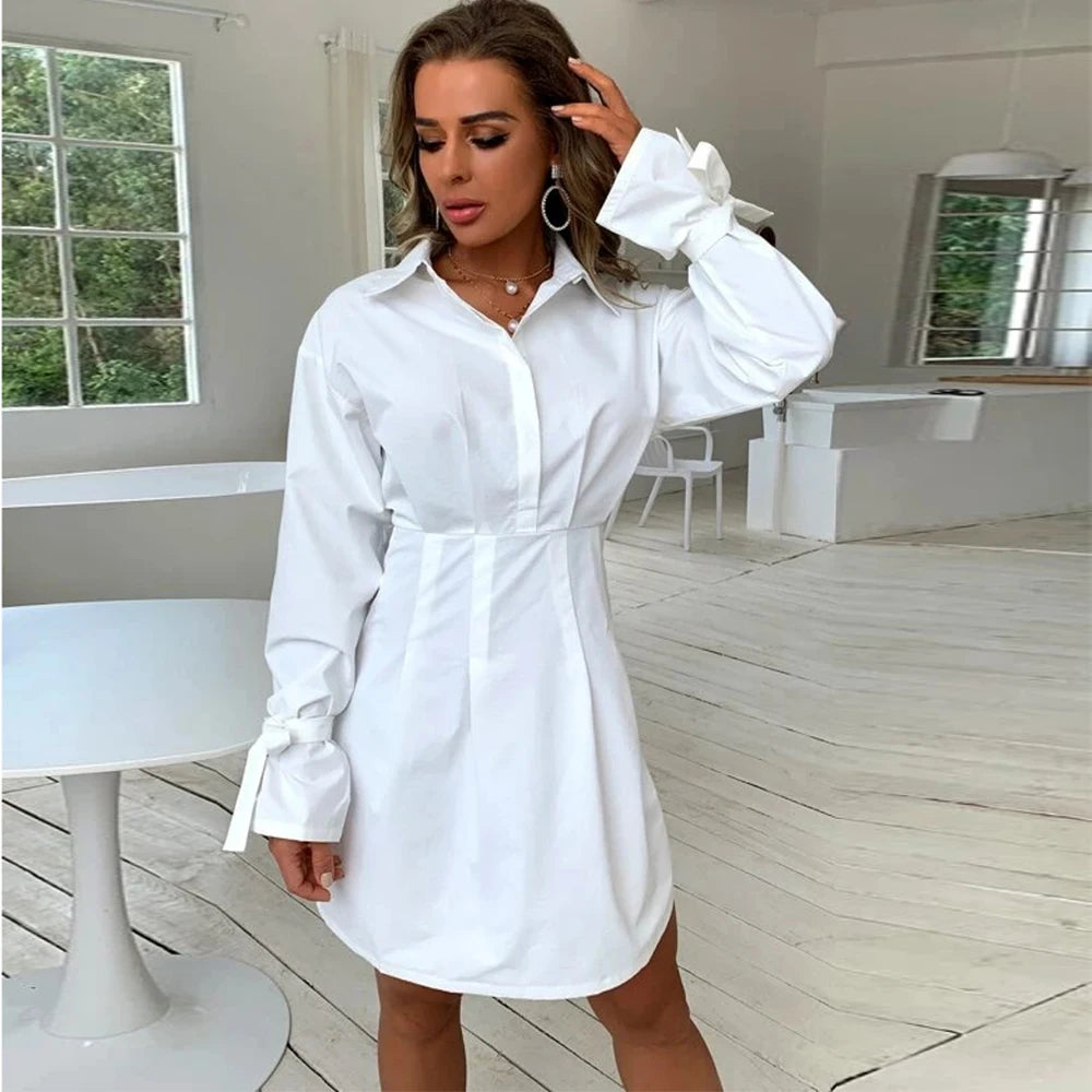 Women's White Button Front Dress Casual Long Sleeve Lapel Shirt Dress Fashion Female Loose Mini Dress