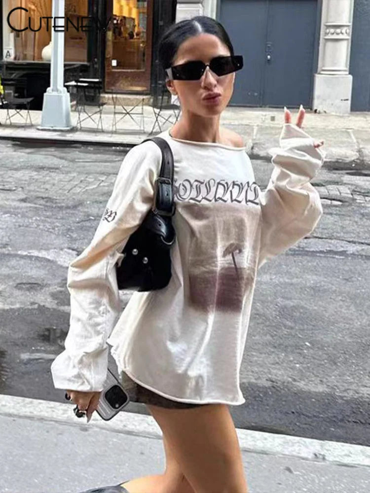 Cutenew Printed Fashion Women T-shirts Autumn New Slash Neck Full Sleeve Oversized Classic Basic Tops Female Street Casual Tees