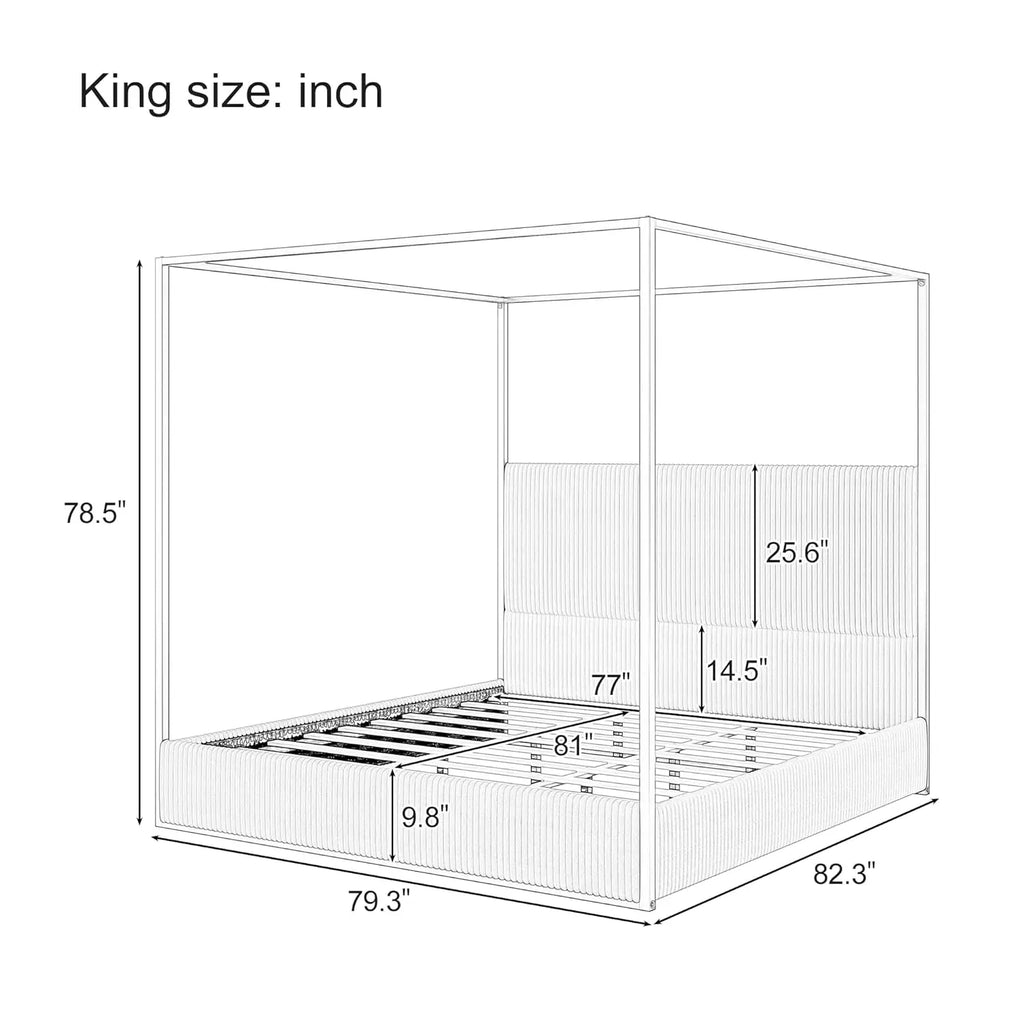 King Size Canopy Bed Frame, 4 Poster Metal Canopy Bed with Tall Upholstered Headboard, Corduroy Platform Bed, No Box Spring Need