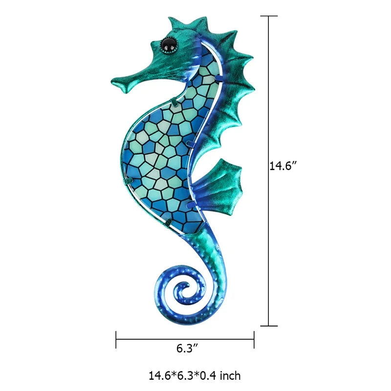 Metal Blue Mosaic Seahorse Wall Decor for Garden Decorations Outdoor Sculpture Statue of Patio Yard Living Room
