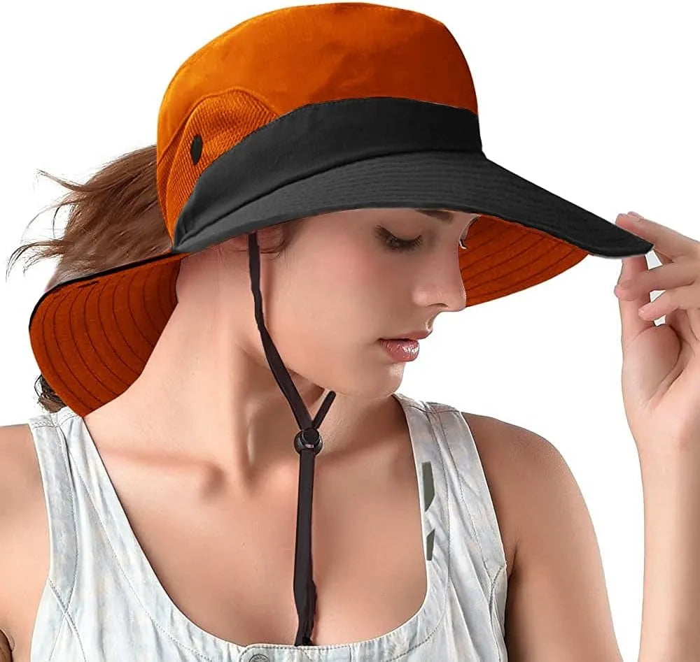 Ponytail Sun Bucket Hats for Women UV Protection Foldable Mesh Wide Brim Hiking Beach Fishing Summer Safari