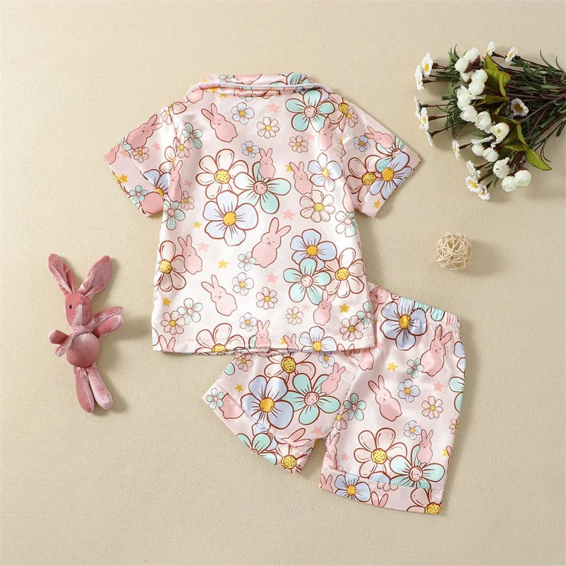 2Pcs Easter Pajamas Set Long Sleeve Striped Print Button Down Shirts and Pants Set Loungewear for Kids