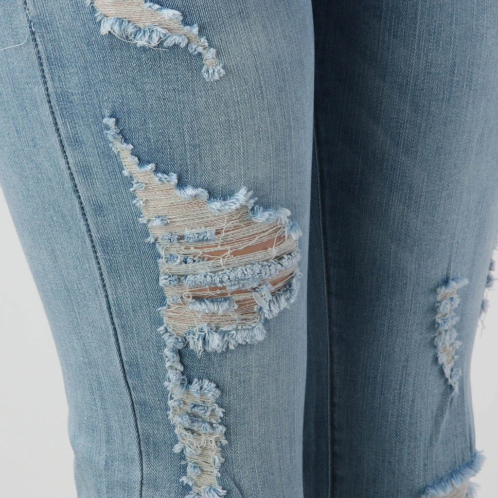 Women Casual Jean Pants Simple Fashion Ripped Make Old High Waist Belt Slim Fit Look Thin Cropped Jeans Trousers With Pocket