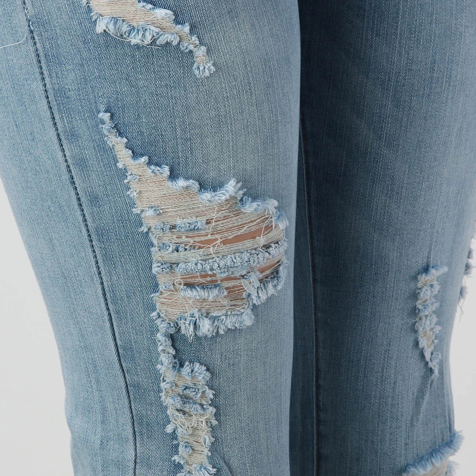 Women Casual Jean Pants Simple Fashion Ripped Make Old High Waist Belt Slim Fit Look Thin Cropped Jeans Trousers With Pocket