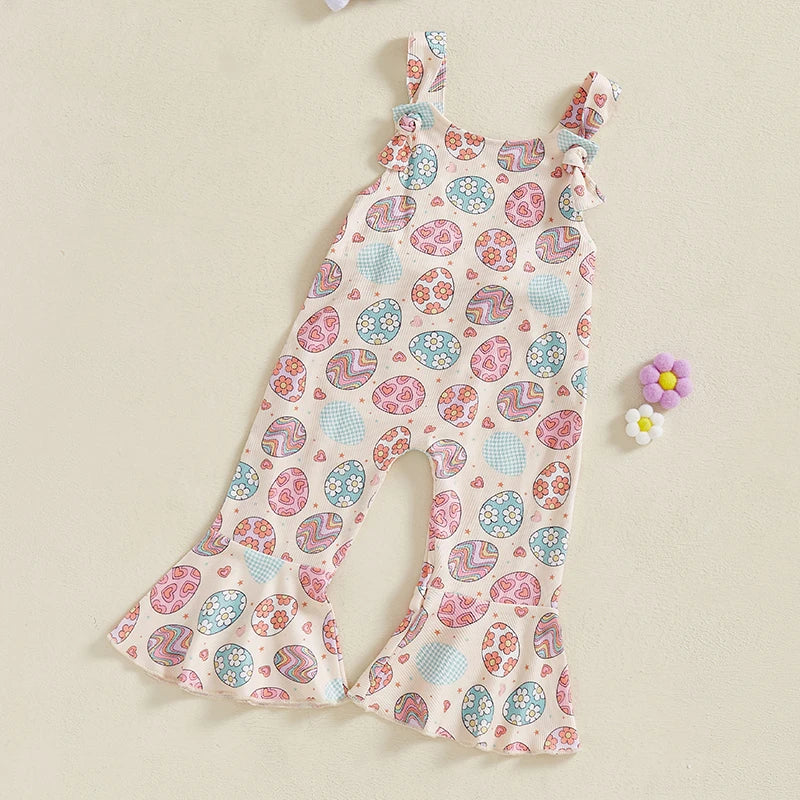 Toddler Easter Bunny Romper Sleeveless Jumpsuit with Egg Print Suspender Pants for Girls Spring Outfit Casual Wear