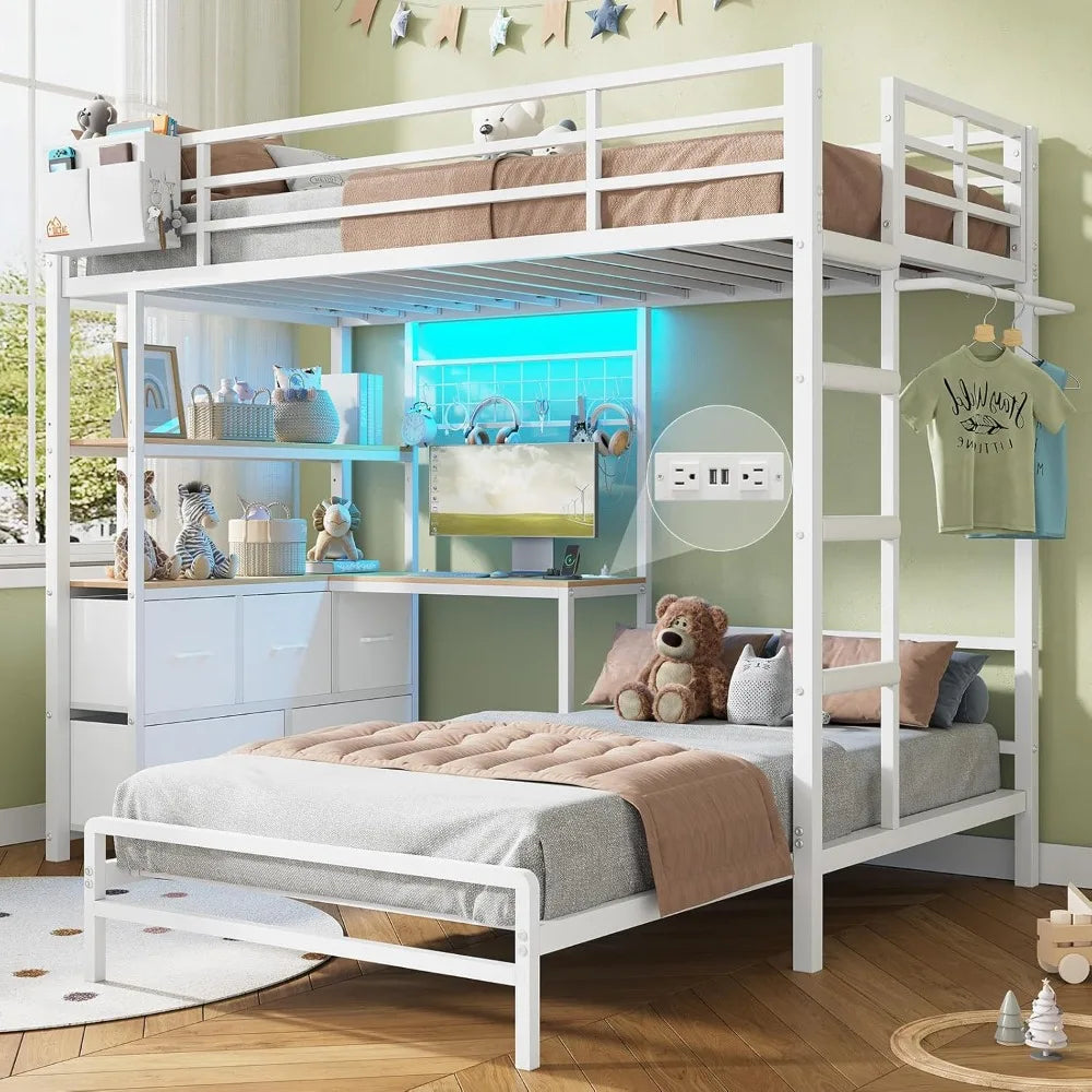 Bunk Bed with L-Shaped Desk,5 Storage Drawers and 2 Shelves Metal Twin XL Over Twin Bunk Bed with LED Lights