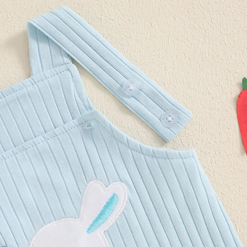 Easter Bunny Embroidered Sleeveless Romper Jumpsuit Square Neck Bodysuit for Infant Boys and Girls Cute Holiday Outfit