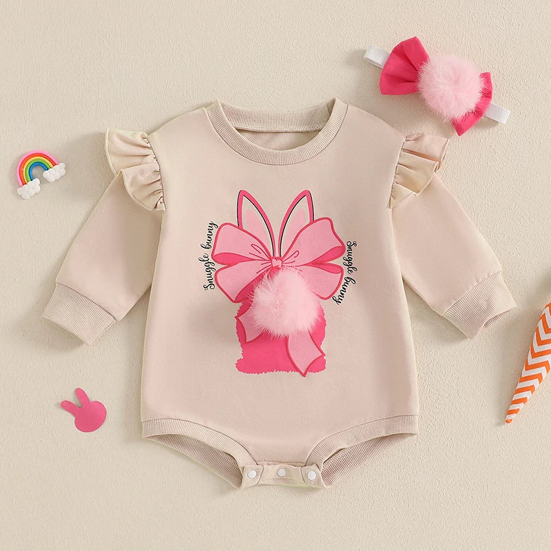 Adorable Toddler Easter Bunny Jumpsuit with Matching Headband - Long Sleeve O Neck Romper for Baby Girls