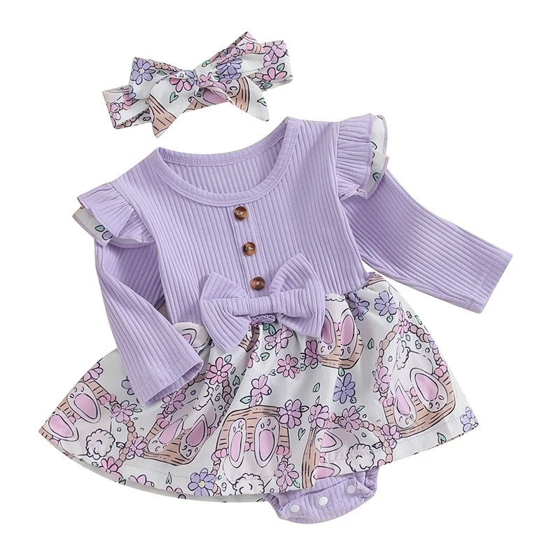 Toddler Easter Dress Short Sleeve Floral Print A-line Romper with Bunny Ear Headband Set for Baby Girls Spring Outfit