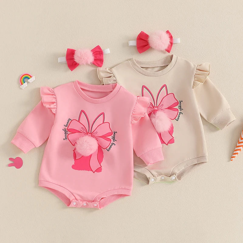 Adorable Easter Bunny Jumpsuit with Matching Headband - Long Sleeve O Neck Romper for Baby Girls