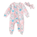 Toddler Girl 2Pcs Spring Outfits Short Sleeve Round Neck Floral Print Romper with Bow Headband Set Infant Clothing for Easter