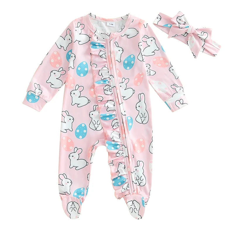 Toddler Girl 2Pcs Spring Outfits Short Sleeve Round Neck Floral Print Romper with Bow Headband Set Infant Clothing for Easter