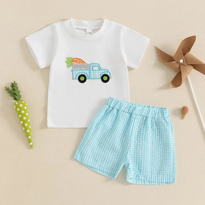 Toddler Boy Easter Bunny Carrot Print Short Sleeve T-shirt and Plaid Shorts Set for Spring Holiday Outfit