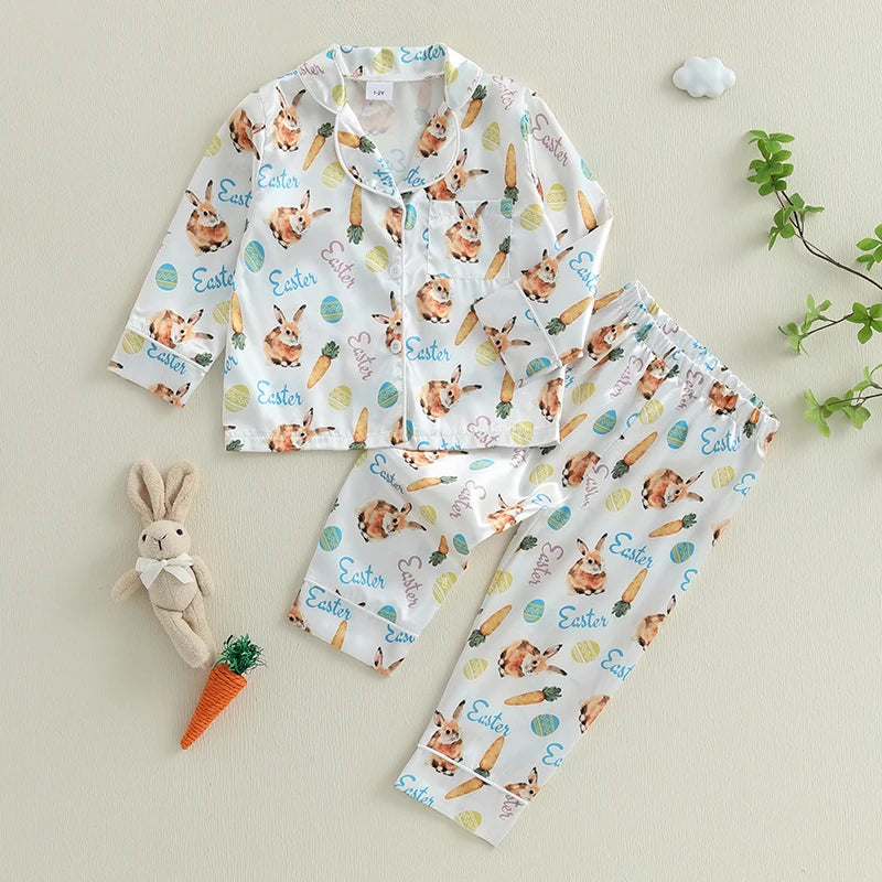Children s Easter Pajama Set Adorable Bunny and Carrot Print Pajamas with Long Sleeve Top and Matching Pants for Boys