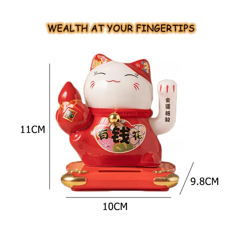 4.3 Inch Solar Powered Waving Ceramic Maneki-neko Lucky Beckoning Cat for Wealth Fortune, Home Office Decor, Gift for Prosperity
