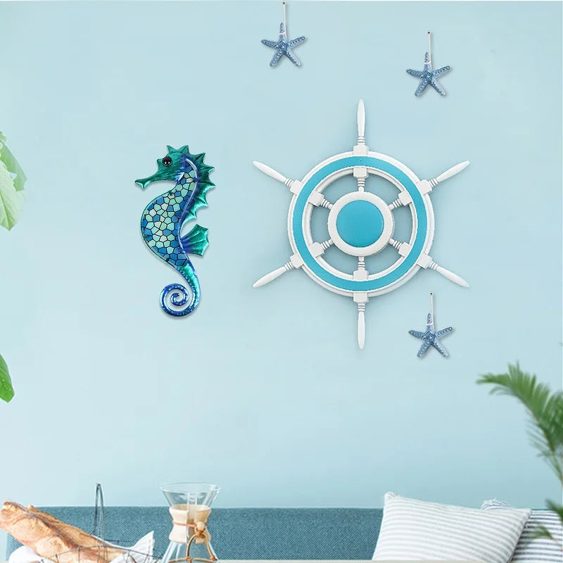 Metal Blue Mosaic Seahorse Wall Decor for Garden Decorations Outdoor Sculpture Statue of Patio Yard Living Room