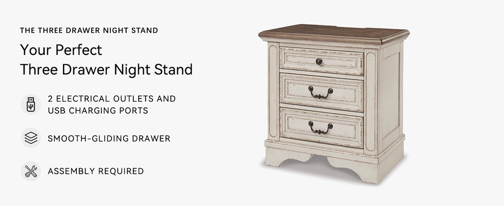 Realyn French Country 3 Drawer Nightstand with Electrical Outlets & USB Ports, 27.75" Tall, Chipped White 2025 NEW