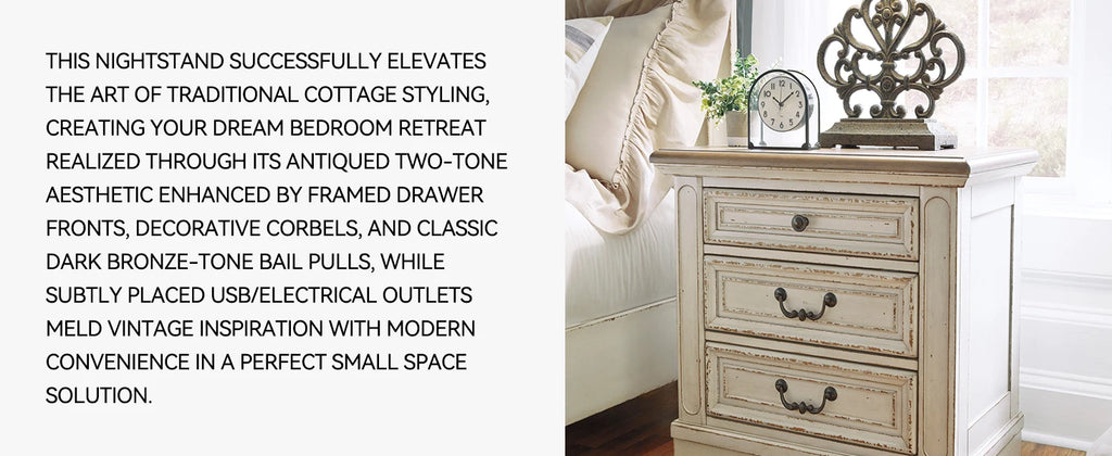 Realyn French Country 3 Drawer Nightstand with Electrical Outlets & USB Ports, 27.75" Tall, Chipped White 2025 NEW