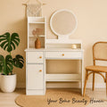 Modern White Vanity Table with LED Round Mirror, Makeup Desk with Drawers and Shelves, Dressing Table with Storage for Bedroom