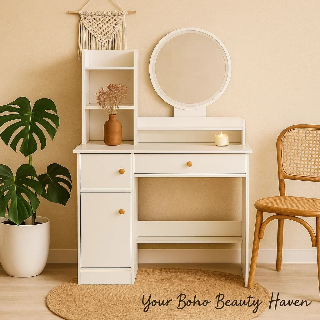 Modern White Vanity Table with LED Round Mirror, Makeup Desk with Drawers and Shelves, Dressing Table with Storage for Bedroom