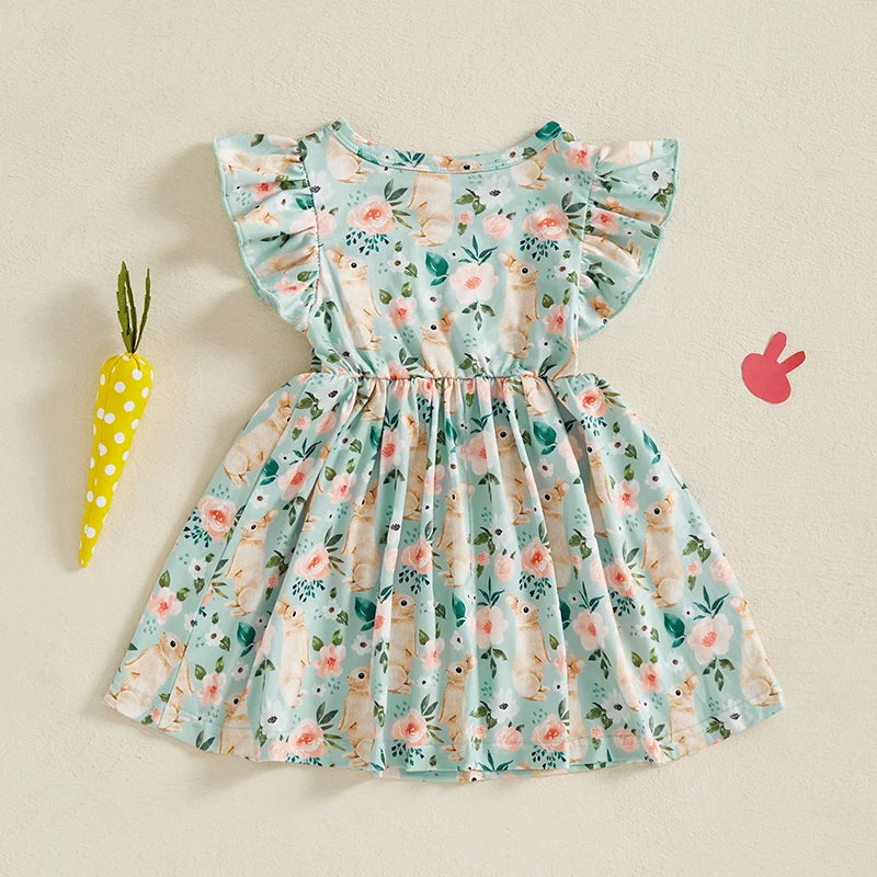 Baby Girl Easter Outfit Pink Floral Print Ruffle Sleeve Round Neck A-Line Dress for Spring and Summer Celebrations