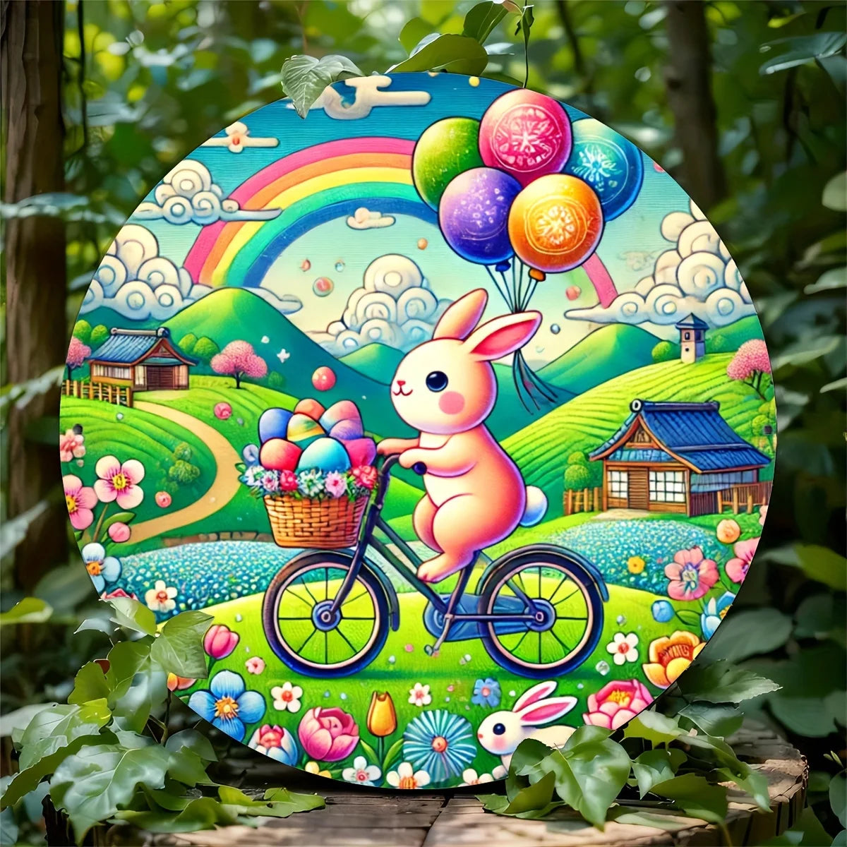 Vintage Bunny on Bicycle Aluminum Metal Sign - Round Easter Decor for Kitchen & Patio, Perfect for Home Decoration